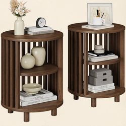 Round End Table, Wood Bedside Table, Mid Century Modern Nightstand with Open Sto