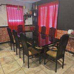 Black & Brass Lacquered Table with 8 Chairs