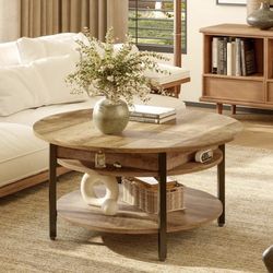 Round lift-top wood coffee table