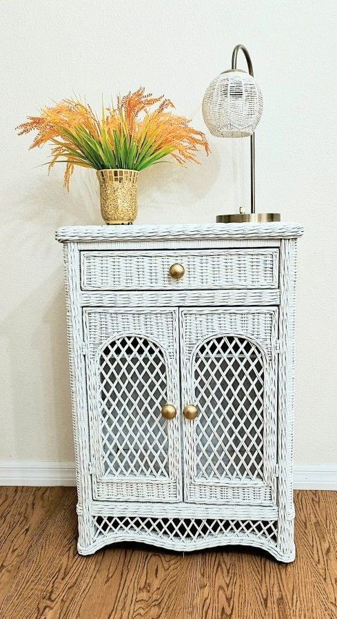 Vintage White Rattan Wicker Nightstand Entryway Table Accent Kitchen Wine Bottle Linen Drawer Shelf Storage Cabinets Gold Knobs