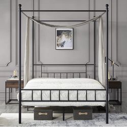 Metal Canopy Platform Bed Frame Four-Poster Canopied Bed Mattress Foundation with Headboard and Footboard Sturdy Slatted Structure No Box Spring Neede