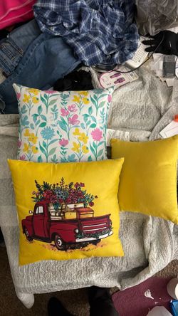 Red truck pillow in yellow + smaller yellow throw pillows