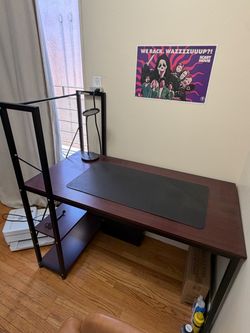 Computer desk with 2-tier storage shelves attached bookshelf X-brace
