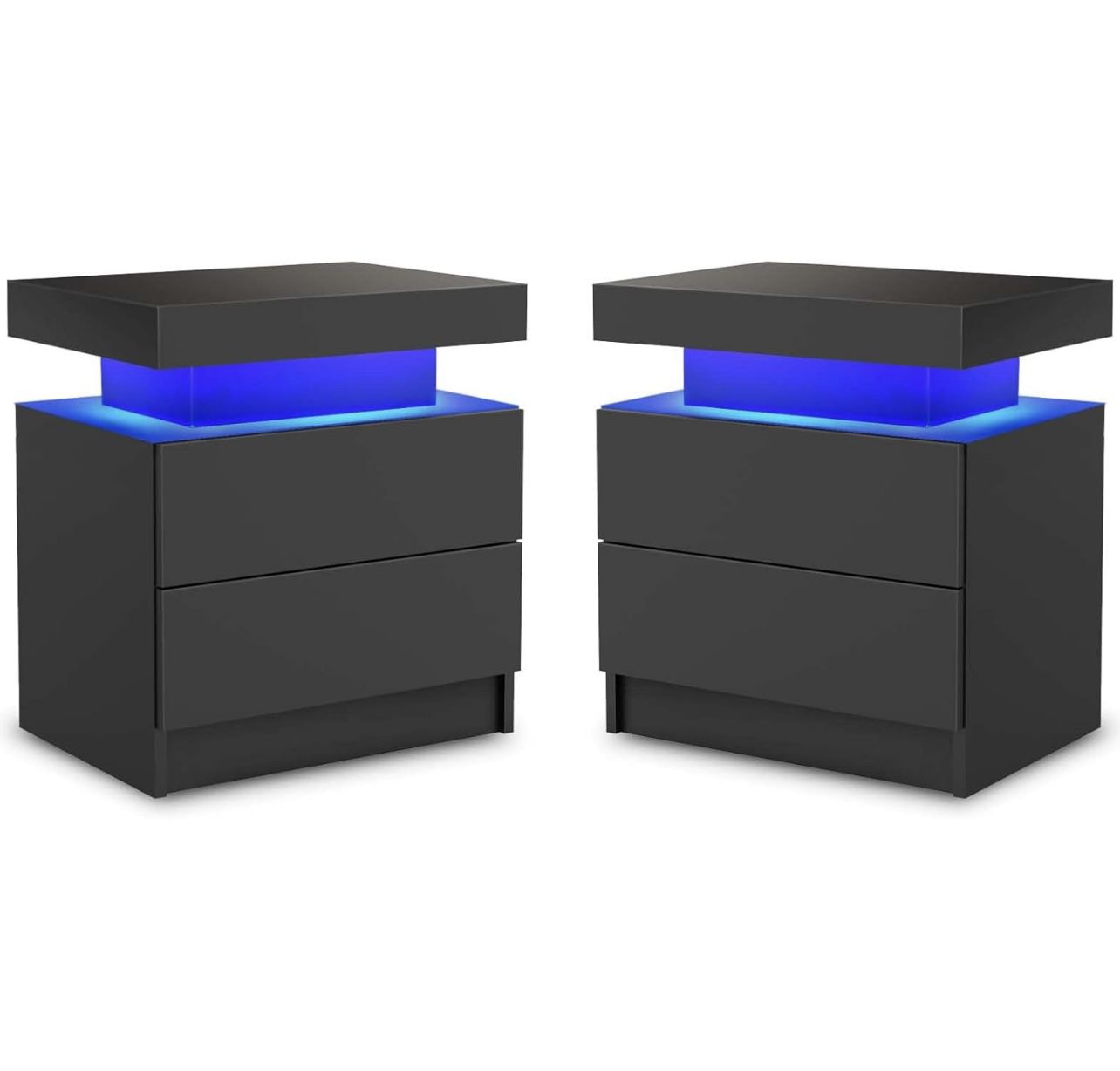 Nightstand LED Set of 2 Bedside Table Cabinet with Lights Modern End Side Drawers for Bedroom (Black),