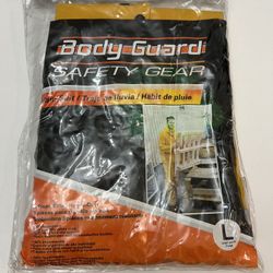 Body Guard- 3 Pcs Yellow Heavy Duty Rain Suit w/ Suspenders and Detachable Hood, Size: L