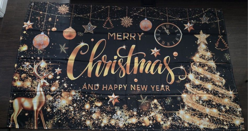 Merry Christmas Backdrop Golden Glititer Xmas Holiday Banner