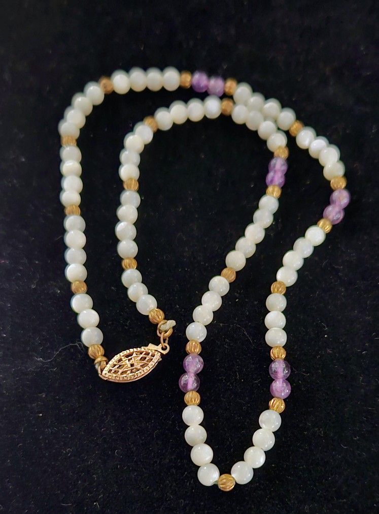 Mid-Century 15" Beaded Choker Necklace, MOP & Amethyst, 12K Gold Filled Clasp