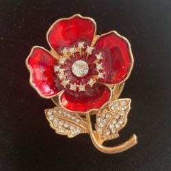 Poppy Brooch In Rosetone W/Austrian Crystals & Magnet, PRE OWNED EUC