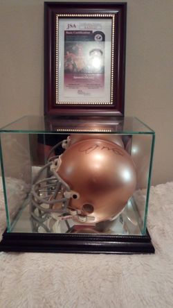 Rare Joe Montana sighed riddle fighting Irish mini helmet in mirrored display case with JSA certificate of authenticity