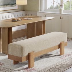New assembled 55-Inch Upholstered Dining Bench, Modern Dining Bench with Fabric Padded Seat and MDF Frame, Kitchen Stool for Dinner Room (Beige & Oak)