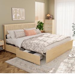 King Bed Frame with Natural Rattan Headboard and Wooden 4 Storage Drawers, Light Oak Metal Platform Bedframe with Strong Wooden Slats Support