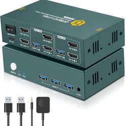HDMI KVM Switch 2 Monitors 2 Computers 4K@60Hz, USB3.0 KVM Switch Dual Monitor with 3 USB 3.0 Ports Sharing Keyboard and Mouse, Printer/Scanner, Deskt