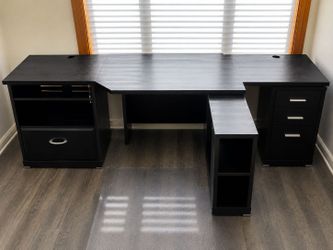 Free Two desks, works great side by side; with shelving and drawers good condition free