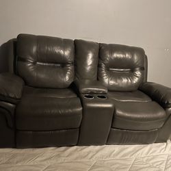 Gray & Black Trim Leather Recliner Couch With Cup Holders & Recliner Chair 