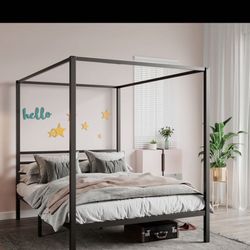 Sha Cerlin 70lb black Full Metal Canopy Platform Bed Frame with Slat, Adult