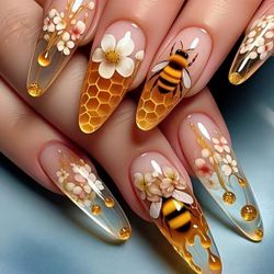 🐝 24pcs Honey Bees Long Length Almond Glossy Press on Nails