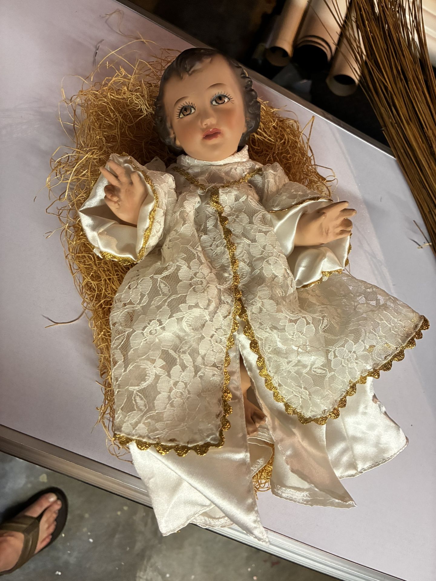Vintage Baby Jesus (Niño Dios) plaster statue with glass eyes And Nativity Gown from Spain