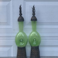 Vintage Mid Century Green Glass Torch Flame Bottles Pair w/Metal Stand 24”Retro