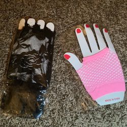2 pairs - Fashion Glove sets, black lace & pink fishnet, One Size