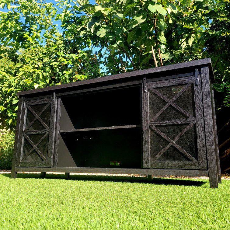 Brand New! Beautiful Jet Black, Sliding Glass Barn Door, Large TV Stand Media Center Cabinet! (Retail $499)