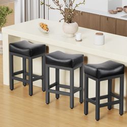 Open-Box New Raynesys Set of 3 24 All Black Saddle Seat Counter Height Barstools