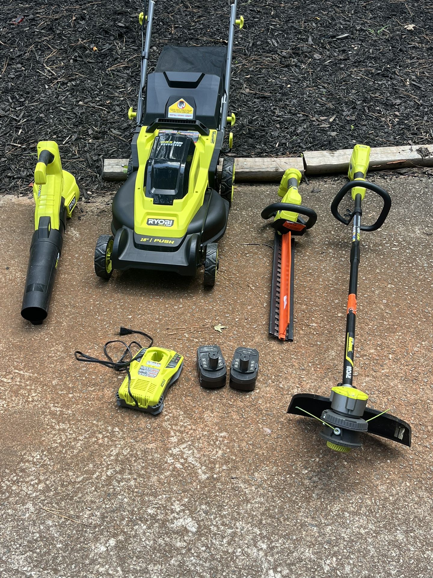 Ryobi 18 V 16 inch push mower hedge/string trimmer, blower batteries charger 240
