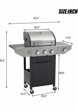 3-Burner Propane Gas BBQ Grill with Side Burner & Porcelain-Enameled Cast Iron Grates Built-in Thermometer, 37,000 BTU Outdoor Cooking, Patio, Garden 