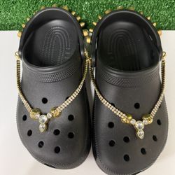 Crocs Classic Clog Tiara Black Gold Diamonds Gemstones Women's Size 8