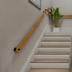 Wooden Stair Handrails, Safety and Non-Slip, Single Piece armrest with Black Brackets, Industrial Style Wall-Mounted Handrails, Suitable for The Elder