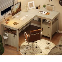 Koopman L-Shaped Home Office Computer Desk with Storage Cabinet, Farmhouse Office Table for Writing Study