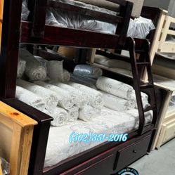 Triple Twin Full Cherry Bunk Bed With Trundle Cama Colchones 