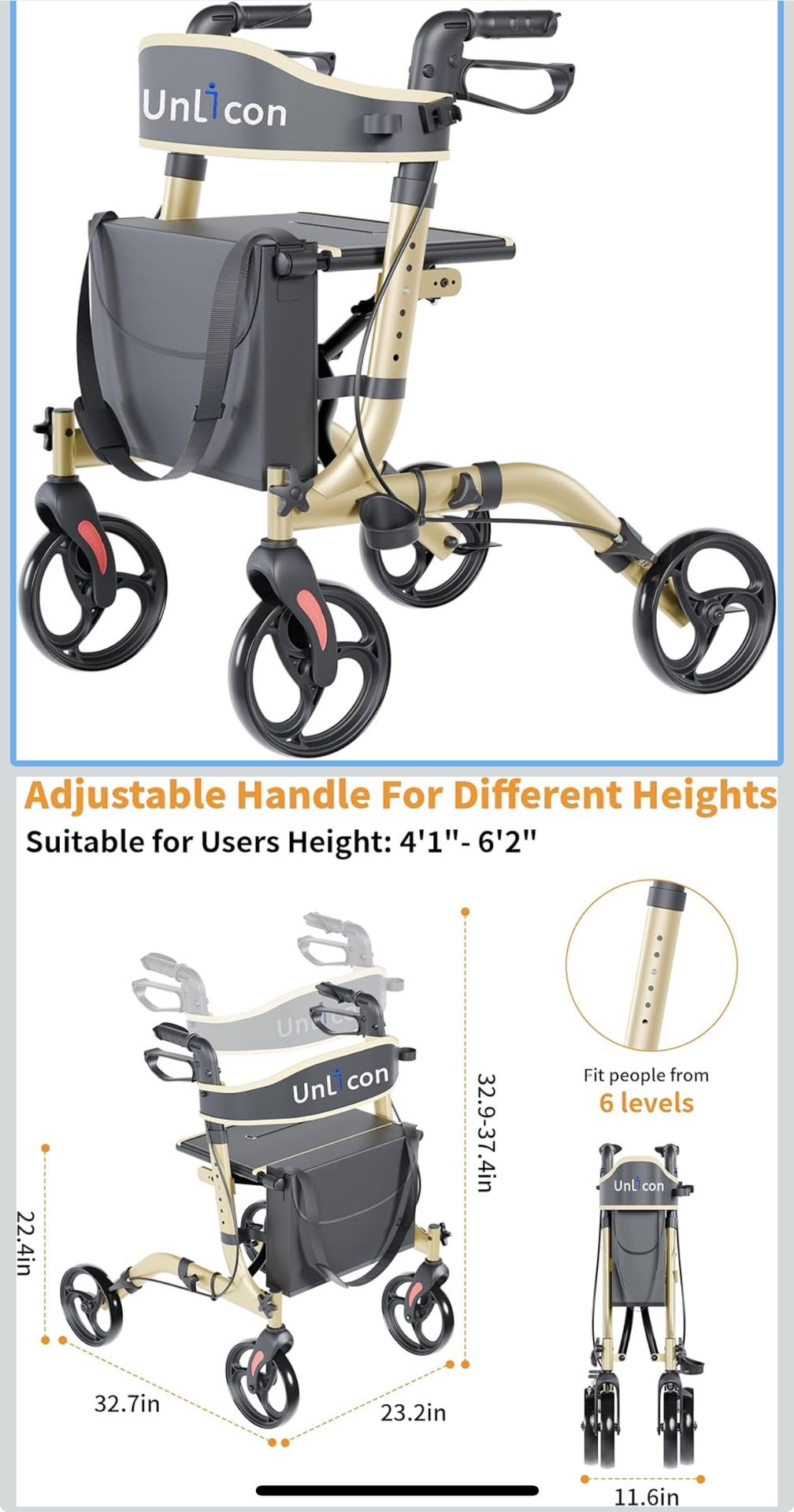 Brand New Rollator Walkers for Seniors Folding Rollator Walker with Seat and Four 8 inch Wheels Medical Rollator Walker with Comfort Handles and Thick