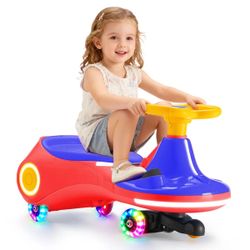 12V Electric Wiggle Car for Kids, Rechargeable Battery, 3 in 1 Ride On Toy with Pedal & Light-Up Wheels, Bluetooth Music, Anti-Rollover Swing Car for 