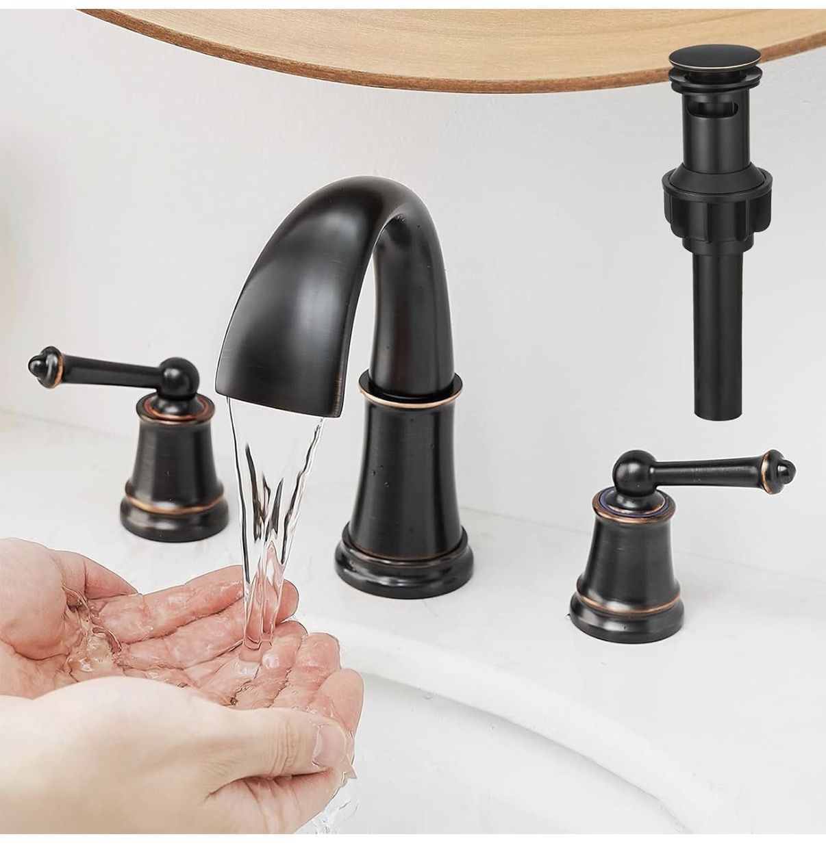 BESy Widespread 8 inch Oil Rubbed Bronze Bathroom Faucet, Two Handles 3 Holes Sink Faucet Waterfall Spout Lavatory Basin Faucets, Vanity Bathroom Sink