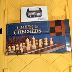Wooden Chess & Checkers Set + Digital Chess Clock