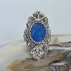 Vintage Unique Beautiful Sterling Silver Statement Repousse Blue Chalcedony Ring Made in Turkey,  Size 7