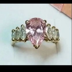14K Real Gold Ring with CZ Pink Pear and Clear Marquise Stone