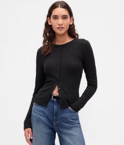 Gap black wool blend button front crewneck cardigan, size XL
