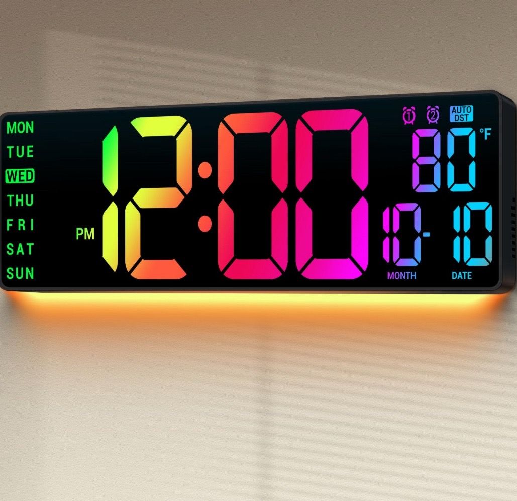 ANSOPER 16.5" Large Digital Wall Clock: 11 RGB Color LED Display With Remote Control, Auto DST, Temperature