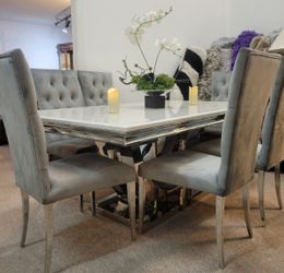 White Stone Dining Table + 6 Grey Velvet Chairs