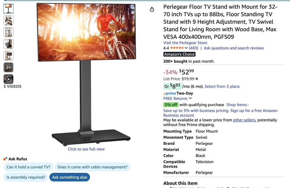 Perlegear Floor TV Stand with Mount for 32-70 inch TVs up to 88lbs, Floor Standing TV Stand