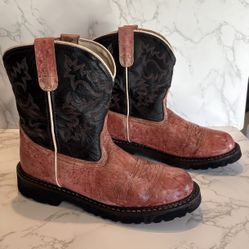 Old West Leather Upper Boots Black And Pinkish-red Leather with Stitching Size 9