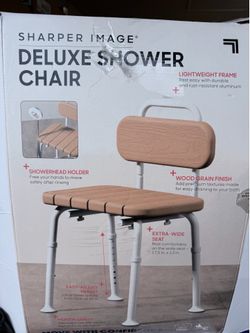 Sharper Image Deluxe Shower Chair with Back, Adjustable Height, Wood Grain Finish, 350 lb Capacity