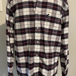 American Eagle Mens Plaid Dress Shirt Maroon Black White Classic Fit Medium M Botton Down top
