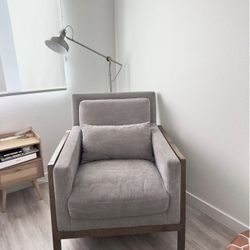 Mid-Century Modern Grey Accent Chair – Wood Frame