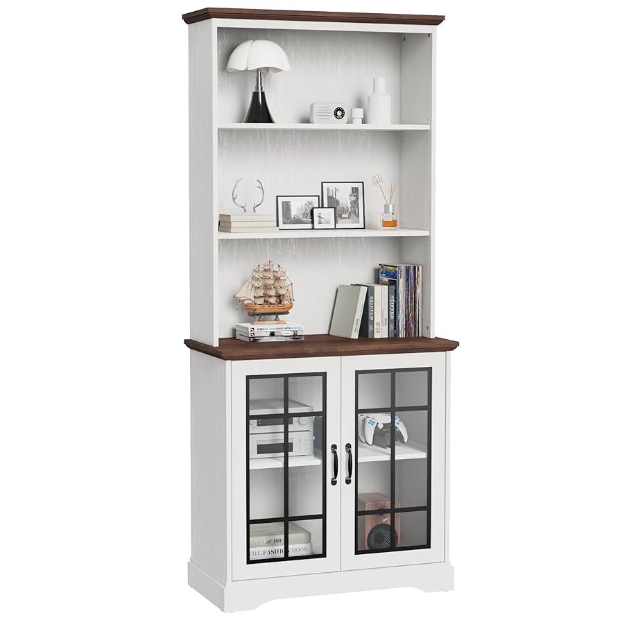 72" Tall Bookcase, White and Brown Design Large Floor Standing Bookshelf, 5 Tier Shelves with Door Storage Cabinet for Living Room Hallway Kitchen Hom