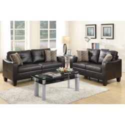 Brown Faux Leather Sofa And Love Seat Set 