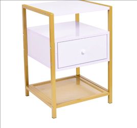 3-Tier White & Gold Nightstand Side End Table with Lower Mesh Shelf & Drawer