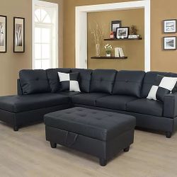 New Black Sectional with Storage Ottoman