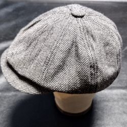 Brand New Gray/Black Newsboy Hat Snap Flat Herringbone Cap Wool L 58cm